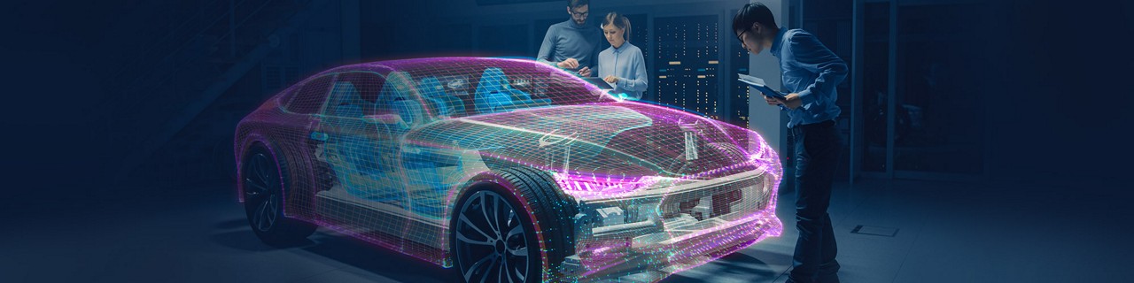 fusa-blog-header.jpg：三个人正在检查一辆汽车的 3D 图像