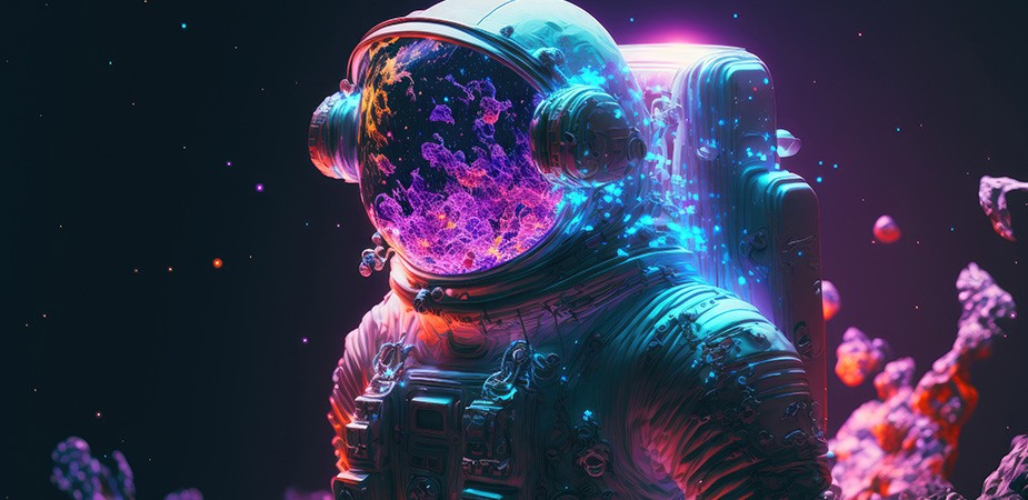 一名宇航员漂浮在太空中，其面罩上反射出彩色的物体。