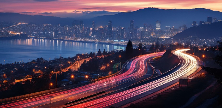 以海湾和摩天大楼为背景，夕阳下，高速公路上车流如织，车灯闪烁