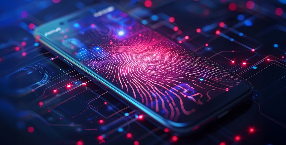 屏幕上显示红色指纹的智能手机，AI 生成图片